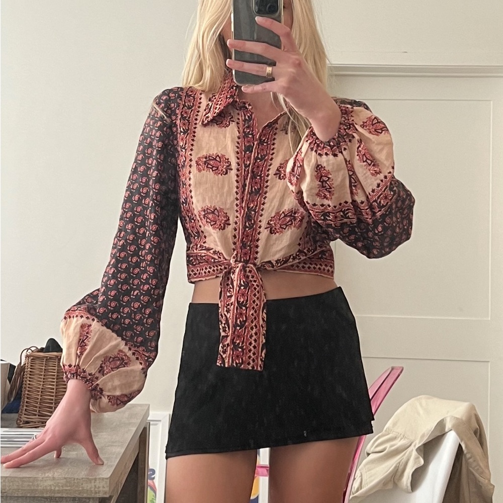 Zimmermann Pink Tie-Front Crop Button Down Shirt